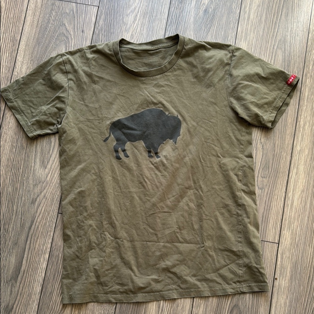 Oddys Olive Green T-Shirt with a Bison Buffalo Graphic